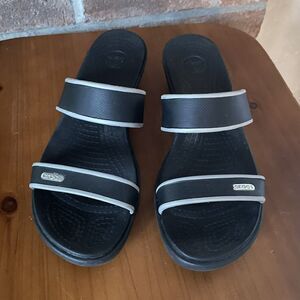 Crocs Size 10 Shima Wedge Slide Sandals Black w/Silver Edging